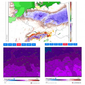 Prognozowana pokrywa śnieżna według modelu WRF-ARW 12 KM (górna grafika), GFS (grafika po prawo) i ICON (grafika po lewo). 