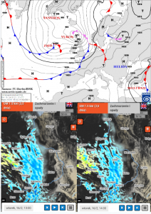 Rozkład ośrodków barycznych i frontów atmosferycznych na wtorek - godz. 12:00, Prognozowany rodzaj i natężenie opadów na wtorek - godz. 13:00 i godz. 14:00, źródło: wetterpate.de, prognoza numeryczna ICM - model UM 1.5 km