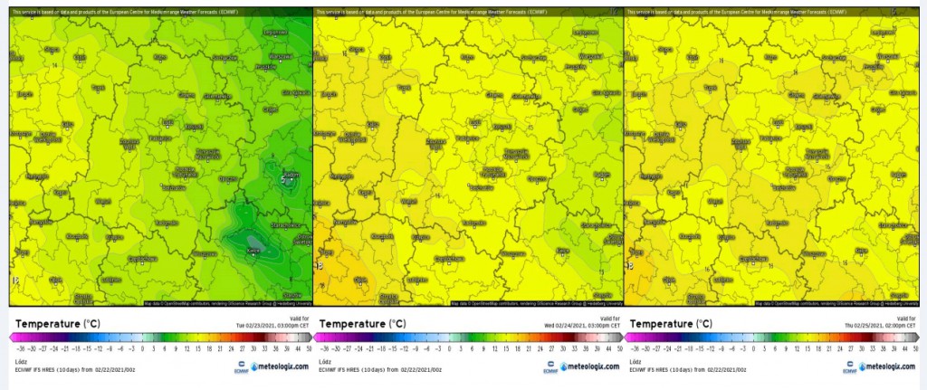 Prognozowana maksymalna temperatura powietrza na wtorek, środę i czwartek, źródło: meteologix.com