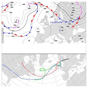 Rozkład ośrodków barycznych i frontów atmosferycznych (górna grafika) oraz trajektoria wsteczna mas powietrza dla Warszawy (dolna grafika) na wtorek - godz. 12:00, źródło: wetterpate.de, wetter3.de
