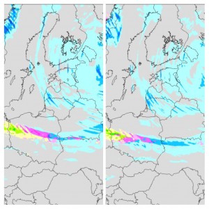 Prognozowany rodzaj i natężenie opadów na noc z niedzieli na poniedziałek, źródło: prognoza numeryczna ICM, model UM 4 km