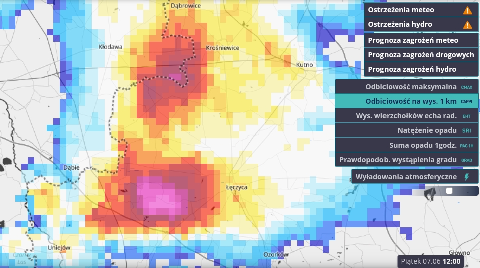 Zobrazowanie radarowe superkomórki burzowej z godz. Źródło: meteo.imgw.pl 