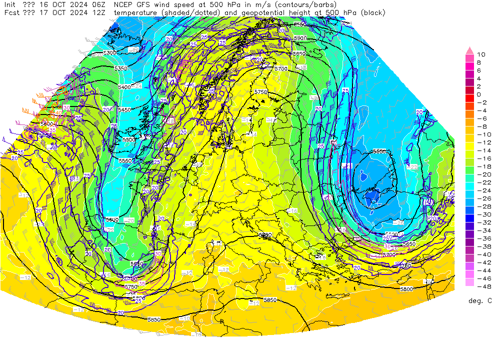 Geopotencjał i temperatura na wysokości 500 hPa z dobrze widocznym Układem Omega na czwartek - godz. 12 UTC 