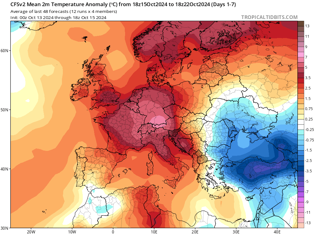 Prognozowana dodatnia anomalia rozkładu temperatury powietrza na wysokości 2m do 22 października 2024