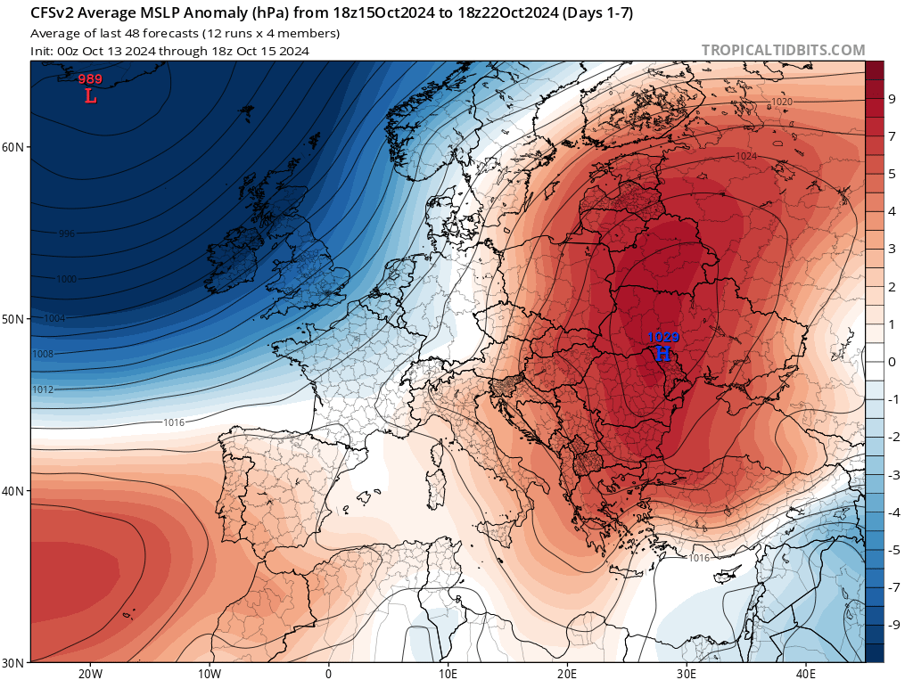 Prognozowana dodatnia anomalia rozkładu ciśnienia atmosferycznego do 22 października 2024