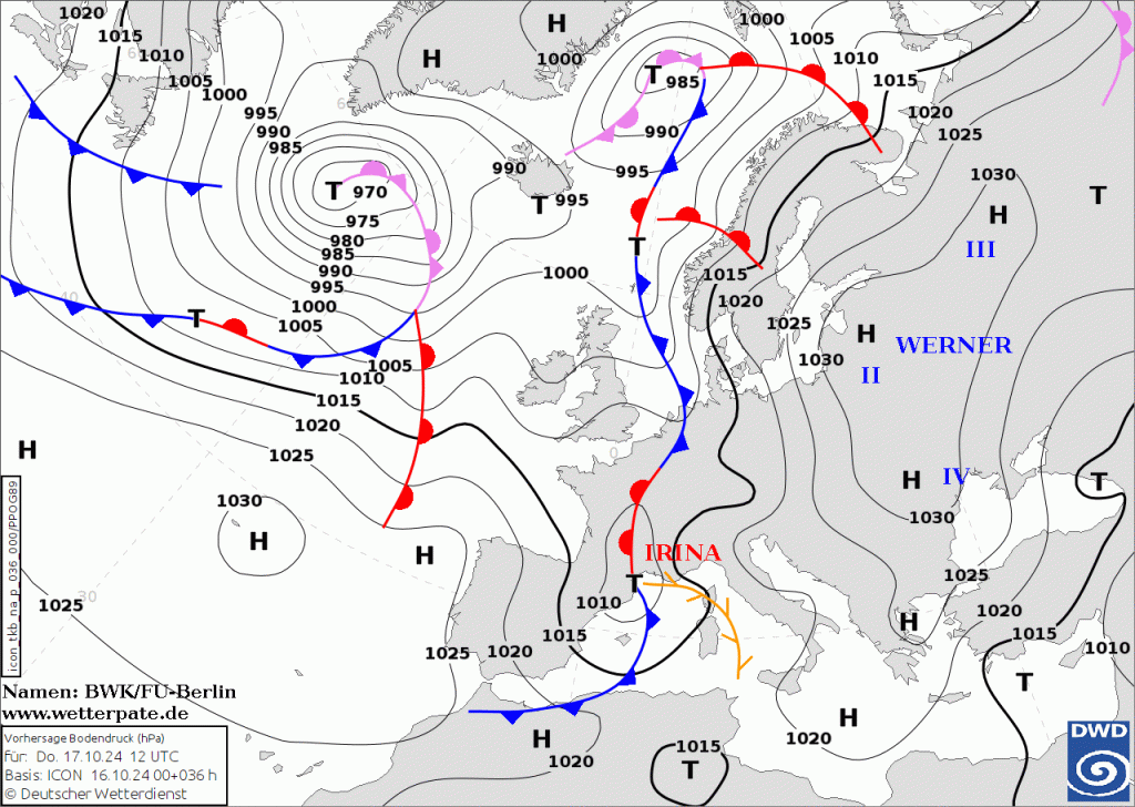 Rozkład ośrodków barycznych i frontów atmosferycznych na czwartek - godz. 12 UTC